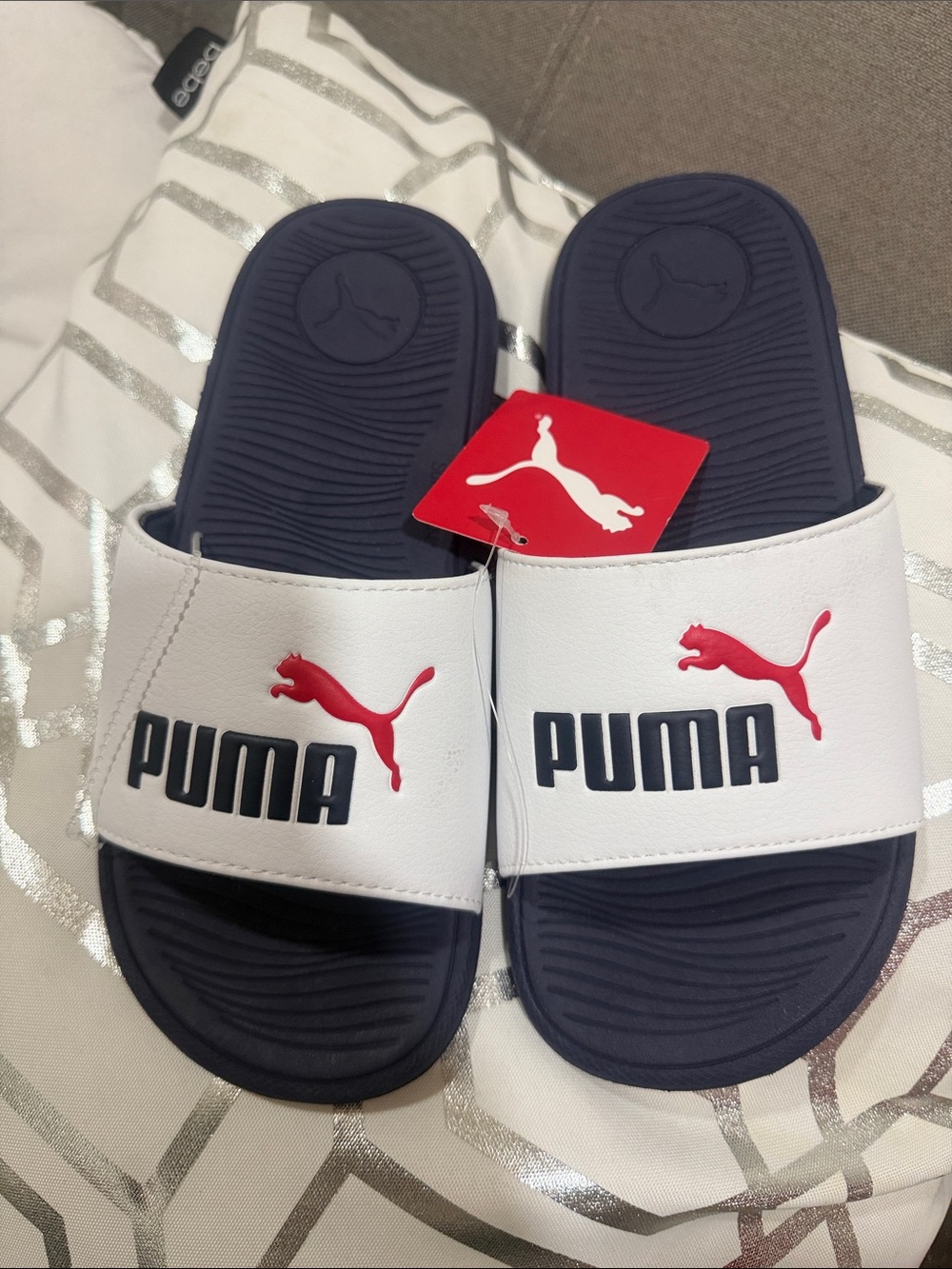 Puma White Slides with Navy Footbed and Red Logo